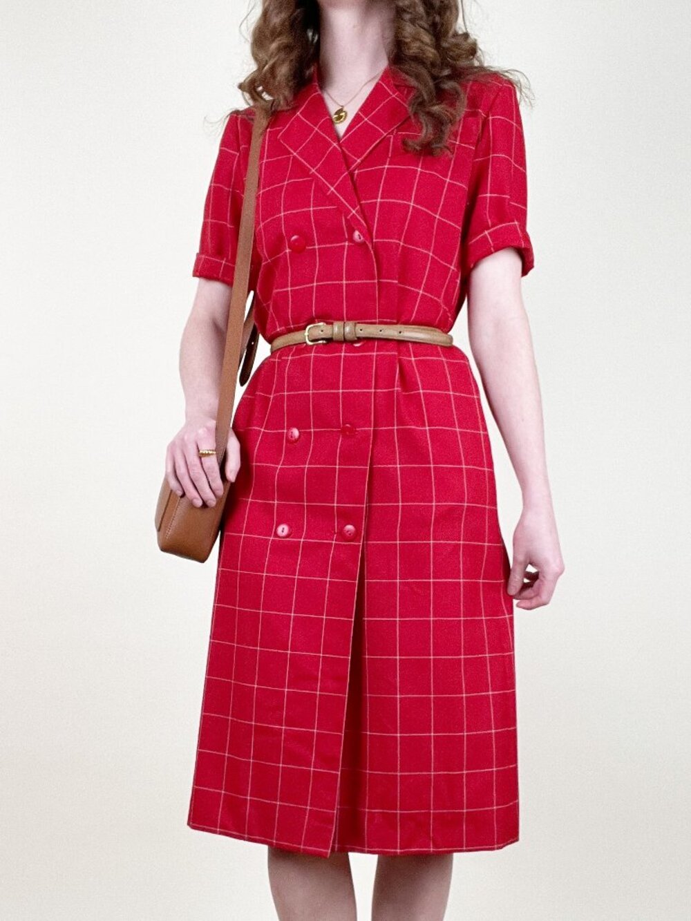 Vintage 90s French Midi Dress Double Breasted Plaid Check Print Office Work Wear